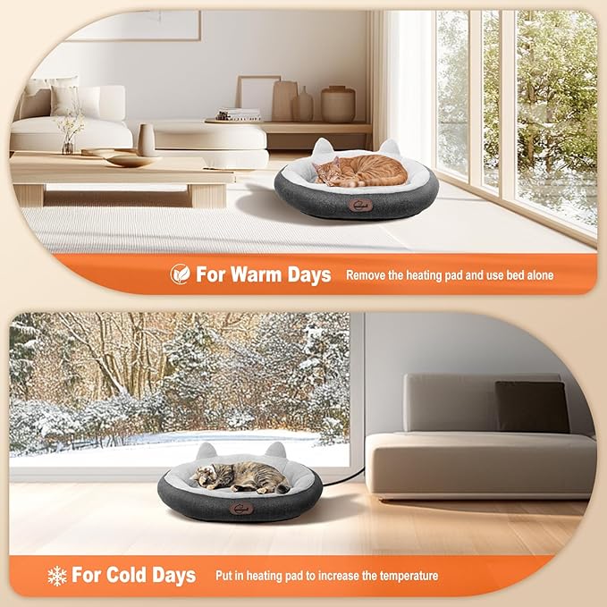 Heated Cat Bed for Small Size Cats, Heated Pet Bed with Timer & Temp Adjustable, Removable Waterproof Pet Heating Pad for Indoor, Gray Cozy Donut Electric Bed Heater Warmer for Kitten Cat