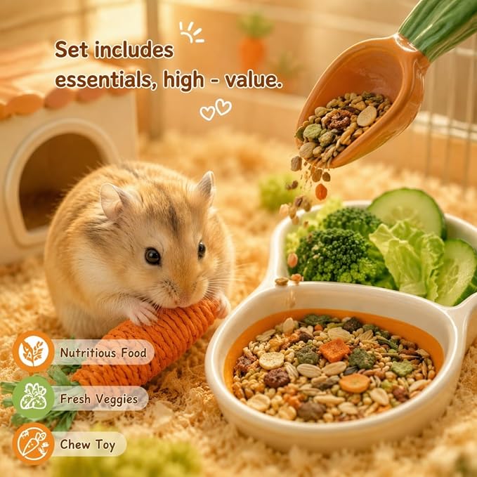 4 Pcs Pet Hamster Cage Accessories, Divisible Ceramic Bowl and Scooper, 2 Chew Toy, for Dwarf Syrian Hamsters Gerbils Mice Degus or Other Similar-Sized Small Pets