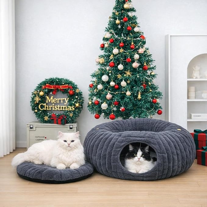 Cat Tunnel Bed, Peekaboo Hideaway Cave for Indoor Cats, Machine Washable Kitten Bed, Cat Donut, Dachshund Tunnel Bed for Small Dogs, Upgraded Striped Hare Feel Fabric (Deep Grey)