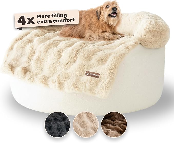 Pelsbarn Dog Bed for Couch, Luxurious Sofa Bed for Dogs with Non-Slip Oxford Bottom - Faux Rabbit Fur with Removable Cover, Large, Beige - 33x33 in