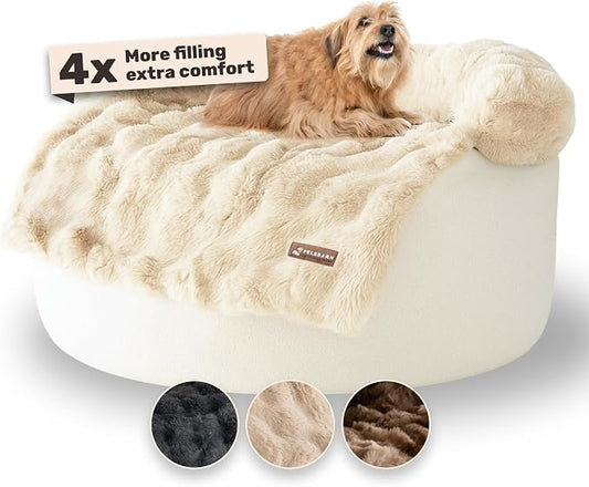 Pelsbarn Dog Bed for Couch, Luxurious Sofa Bed for Dogs with Non-Slip Oxford Bottom - Faux Rabbit Fur with Removable Cover, Large, Beige - 33x33 in