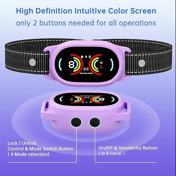 Dog Bark Collar, Rechargeable Bark Collar for Large Dog, Medium Dog and Small Dogs, IP67 Waterproof Anti Barking Collar with Adjustable Sensitivity(Purple)