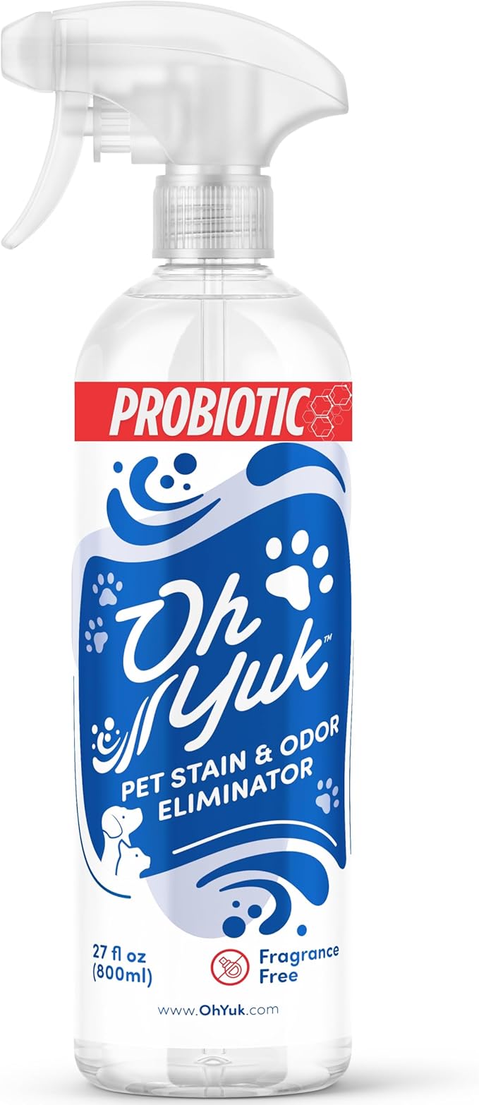 Oh Yuk Probiotics Pet Odor Eliminator and Stain Remover Spray – Dog & Cat Urine and Poop Odor Eliminator for Home, Pet Pee Smell Remover & Deodorizer – 27 fl oz (Unscented)