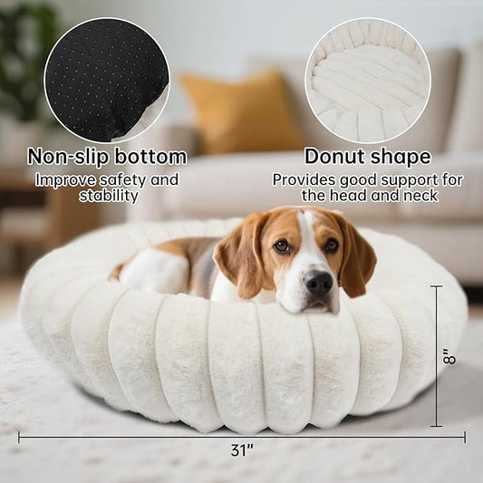Donut Dog and Cat Bed, Luxurious Comfortable Faux Rabbit Fur Pet Beds, Round Anti-Anxiety Calming Puppy Kitten Bed with Anti-Slip Bottom for Small Medium Dogs & Cats(30", Brown)