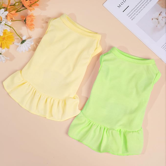 2 Pcs Dog Dresses Cat Skirt Solid Color Dog Clothes Summer Sleeveless Puppy Girl Clothes for Small Pet Dogs Cats (Yellow,Green, Small)