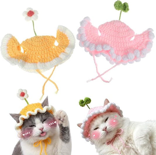 2PCS Cat Hats Cute Flower Crochet Hats for Cats Small Pets Birthday Party Christmas Halloween Easter Travel Accessories Puppy Hat (Pink, Yellow)