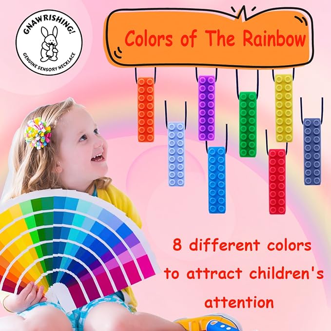 Chew Necklace by GNAWRISHING - 8-Pack (Building Block)- for Autistic, ADHD, SPD, Oral Motor Children, Kids (Tough, Long-Lasting)