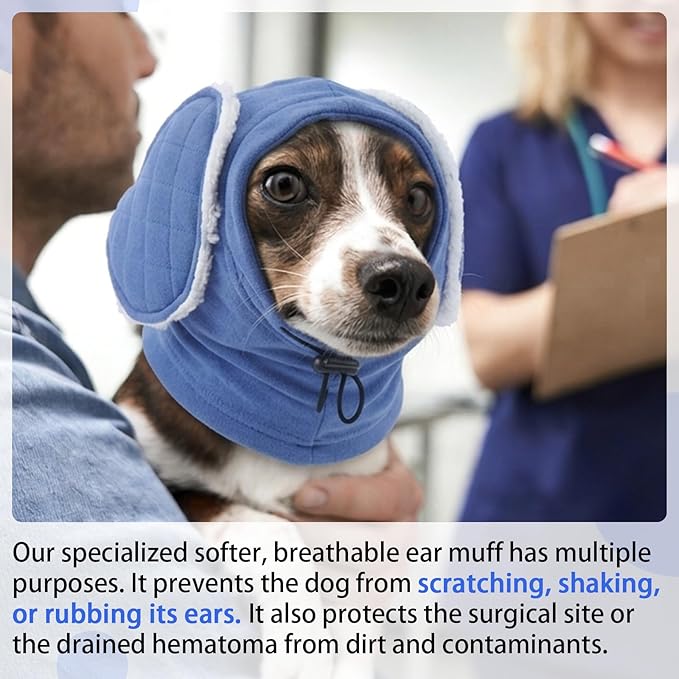MIGOHI Adjustable Dog Ear Cover for Small Dogs,Dog Ear Muffs with Sound-Absorbing Pads,Head Wrap Calming Hoodie for Dogs Noise Anxiety,Thunder,Fireworks,No Flap Ear Wraps for Dogs Hematoma,S,Blue