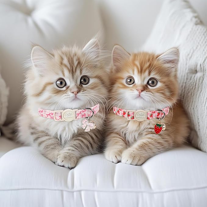 2 Pack Pink Cat Collars - Cute Strawberry & Bow Breakaway Cat Collars, Adjustable Girly Pink Kitten Collar for Small Dogs Puppy, Spring Summer Pet Safety Collar with Bell & Pendant