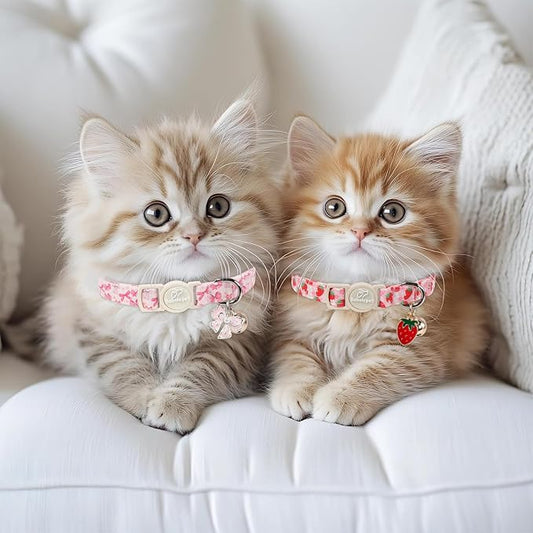 2 Pack Pink Cat Collars - Cute Strawberry & Bow Breakaway Cat Collars, Adjustable Girly Pink Kitten Collar for Small Dogs Puppy, Spring Summer Pet Safety Collar with Bell & Pendant