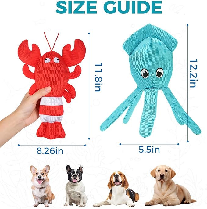 BINGPET Floating Dog Toys, 2 Pack Durable Squeaky Lobster & Squid Water Toy for Pool Beach Outdoor Interactive Fetch, Oxford Fabric Summer Swimming Pool Toys for Small Medium Large Dogs