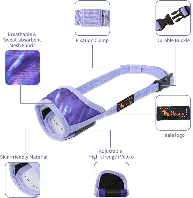 HEELE Dog Muzzle,Soft Nylon Muzzle Anti Biting Barking Chewing,Air Mesh Breathable Drinkable Adjustable Loop Pets Muzzle for Small Medium Large Dogs 4 Colors 4 Sizes (P-Meteor Purple, S)