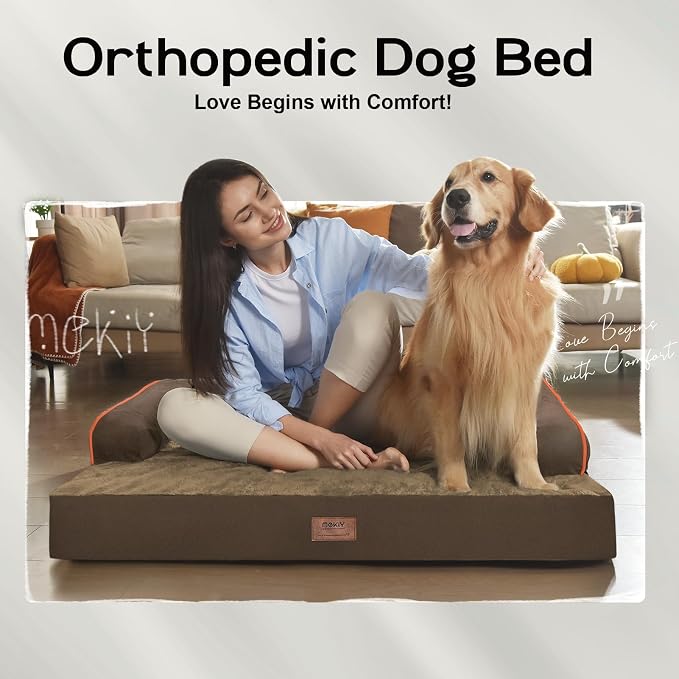 MEKIY Orthopedic Waterproof Dog Bed with Bolster for Extra Large Size Dogs | Pillow Support for Neck Relief, Egg Crate Foam, Waterproof Liner, Anti-Slip Bottom, Removable Bolster Cover, 48 x 33 Inch