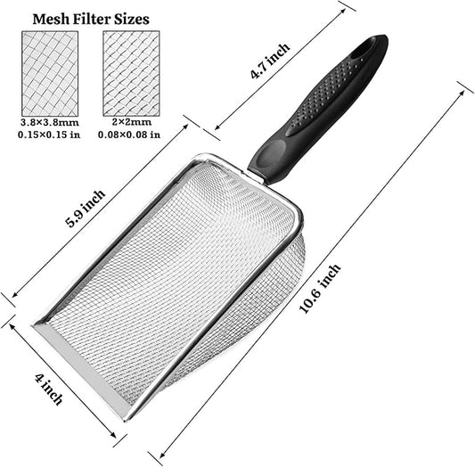 2Pcs Metal Litter Scooper Stainless Steel Metal Cat Litter Poop Scoop with 2.0mm & 3.8mm Mesh,Litter Cleaner Sifter for Cat,Dog,Kitty,Rabbit,Hamster, Reptile