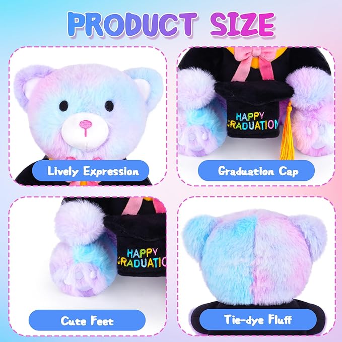 Graduation Bear Plush, 9 Inch Graduation Stuffed Animal 2026 with Cap Colorful Tie Dye Bear Plush, Graduates Graduation Party Gifts for Kindergarten Elementary High School College