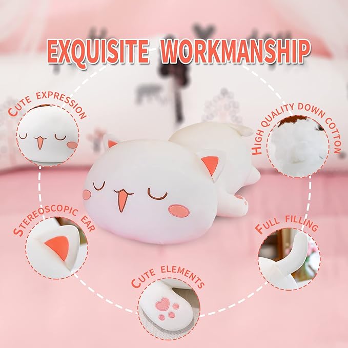 FUYU Cat Stuffed Animals, Soft Cat Plush Pillow Kawaii Kitten Stuffed Animal Toy Gifts for Kids Boys Girls Room Decor (White Squinted Eyes,19in/50cm)