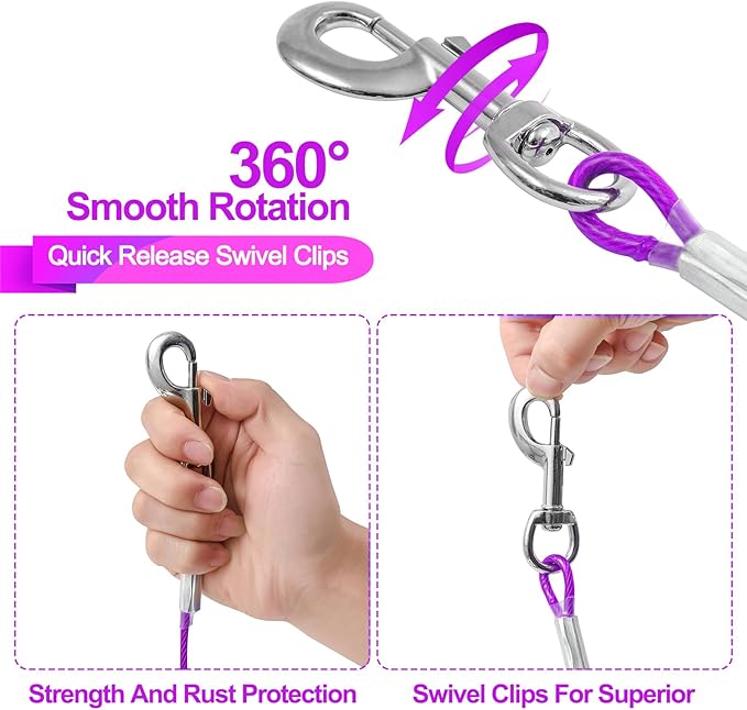 Tie Out Cable for Dogs,10/20/30/50/100FT Dog Leads for Yard Chew Proof,Heavy Duty Tie Out Cable for Large Dogs Up to 125lbs,Dog Runner Tether (Purple, 125Ibs 20ft)