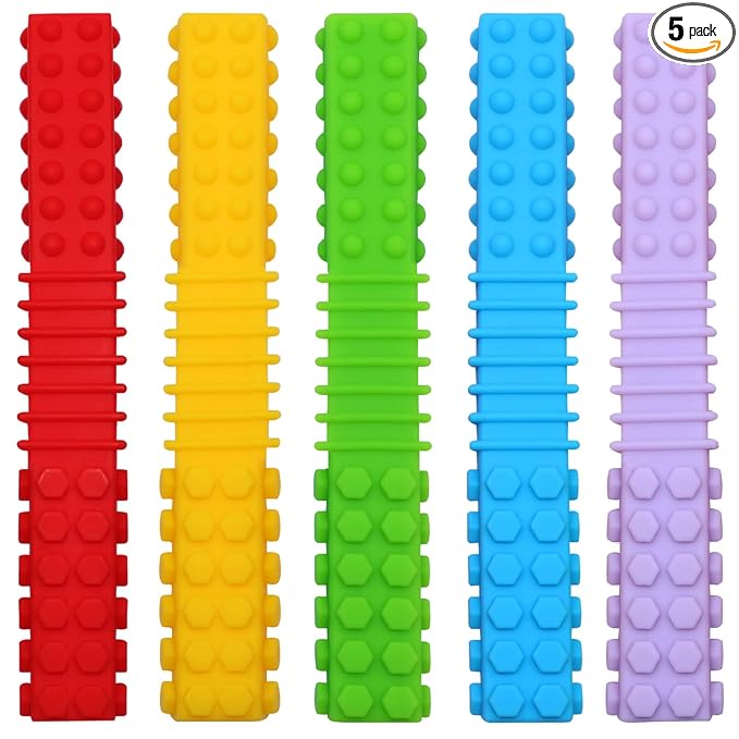 Sensory Chew Toys for Autistic Children, 5 Pack Silicone Chew Tube Teething Sticks Toys for Autism, ADHD, SPD, Chewies with Special Needs, Oral Motor Chewy Tool for Sensory Kids Chewer (Rainbow A)
