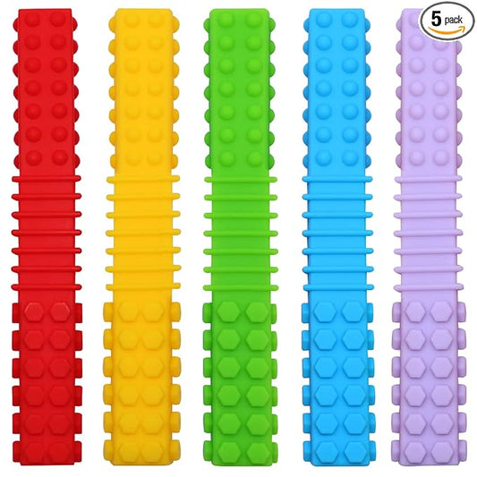 Sensory Chew Toys for Autistic Children, 5 Pack Silicone Chew Tube Teething Sticks Toys for Autism, ADHD, SPD, Chewies with Special Needs, Oral Motor Chewy Tool for Sensory Kids Chewer (Rainbow A)