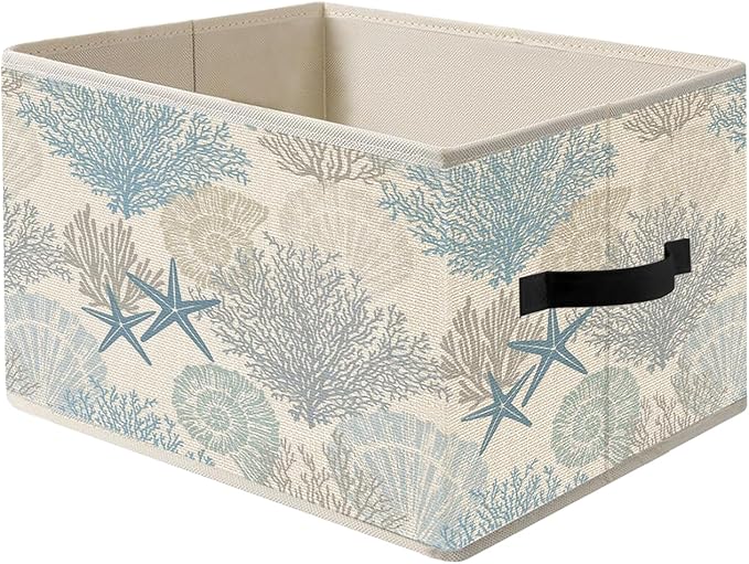 Coastal Beach Storage Bins, Beach House Decor, Coastal Coral Starfish Seashell Foldable Closet Organizers Storage Basket Toybox for Clothes Bed Sheets Blankets Toys