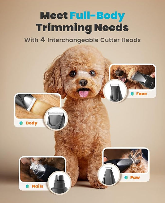 oneisall Professional Dog Grooming Kit at Home: All-in-One Quiet Clippers & Nail Grinder with LED Light, 2000mAh Cordless Dog Shaver, Safe Poodle Grooming Kit for Paws, Face, Ears & Body