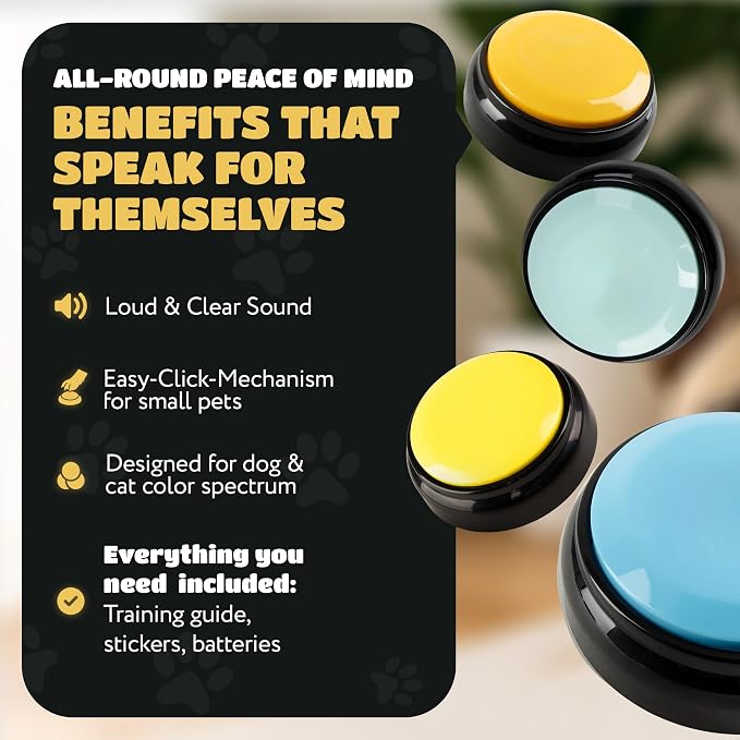 KUL KING'S Waterproof & Non-Slip Dog Talking Buttons - 4 Recordable Buttons with Batteries, Stickers, Training Guide - Talking Dog Buttons for Communication