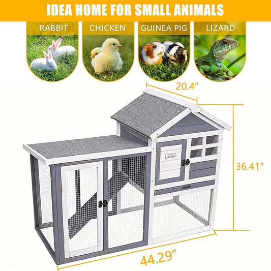 GEGURI Large Rabbit Hutch Indoor Outdoor Chicken Coop Wooden Bunny Cage with Waterproof Roof (48''L x 24''W x 36''H Grey)