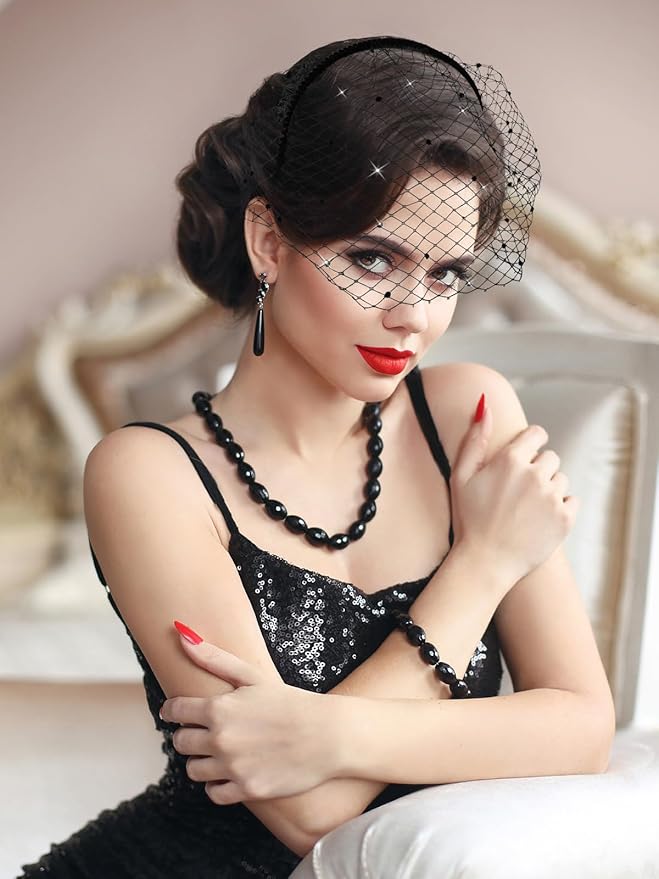 Jansun Black Veil Mesh Veil Headband 1920s Headpiece Birdcage Veil Bridal Wedding Tea Party Fascinator Veil for Women
