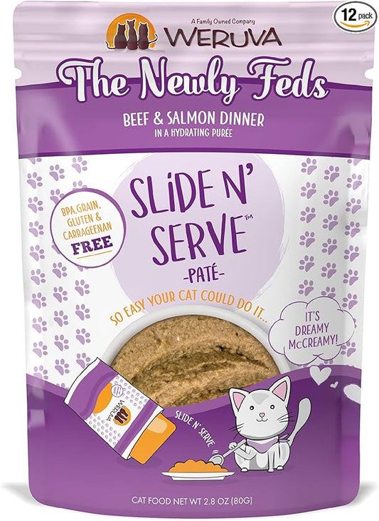 Weruva Wet Cat Food, The Newly Feds with Beef and Salmon Pate, 2.8oz Slide N Serve Pouch, Pack of 12