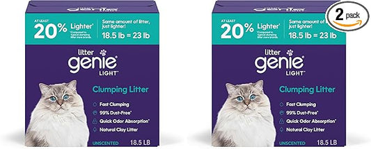 Litter Genie Light Unscented Clumping Cat Litter, 18.5 lbs | Lightweight 20% Lighter Natural Clay | Fast-Clumping, Odor Control, Dust-Free (Pack of 2)