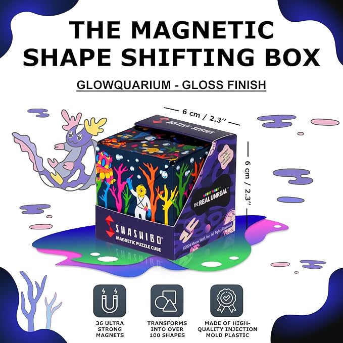 Shashibo Shape Shifting Box - Award-Winning STEM Fidget Toy with Ultra Strong Magnets - Puzzle Cube Transforms Into 100+ Shapes, Perfect Sensory Gift for Kids, Teens, and Adults (Glowquarium)