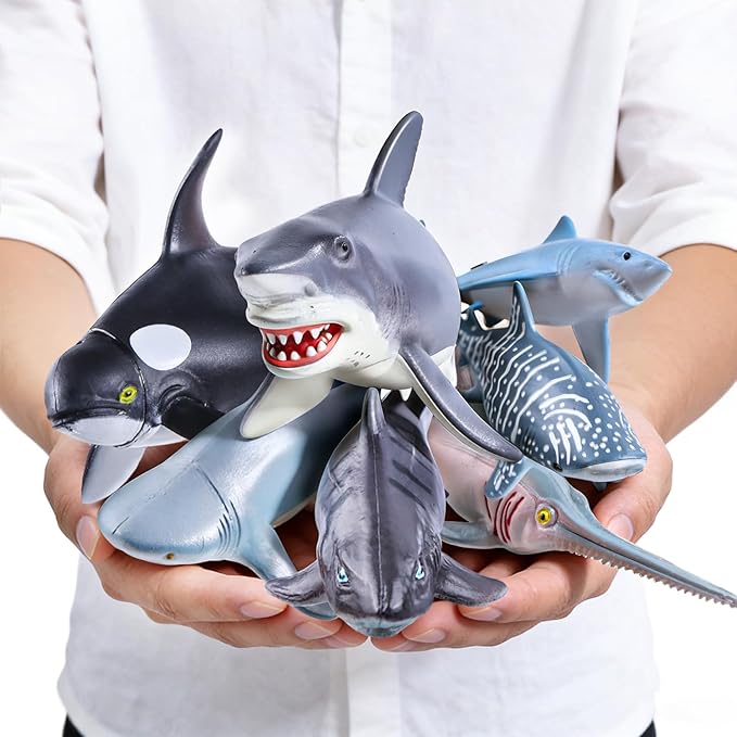 SIENON 11pcs Shark Figures with Booklet, Realistic Sea Creatures Bath Toys Whale Shark Ocean Animal Figurines for Kids Educational Birthday Party Favors Cake Toppers