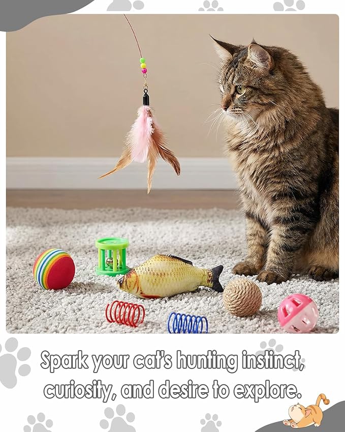 76-Piece Cat Storage Basket & Interactive Cat Toy Set: Wand Toy, Colorful Flashing Balls, Crinkle Balls – Attracts Kittens to Swat and Hunt, Indoor Cat Toy (Khaki)