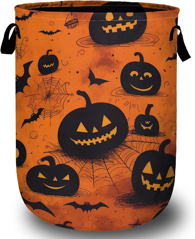Spooky Pumpkin Laundry Basket, Halloween Laundry Hamper Collapsible Oxford Cloth with Handle Clothes Storage Bin for Bathroom Laundry Room Bedroom 15.7 X 20 Inch