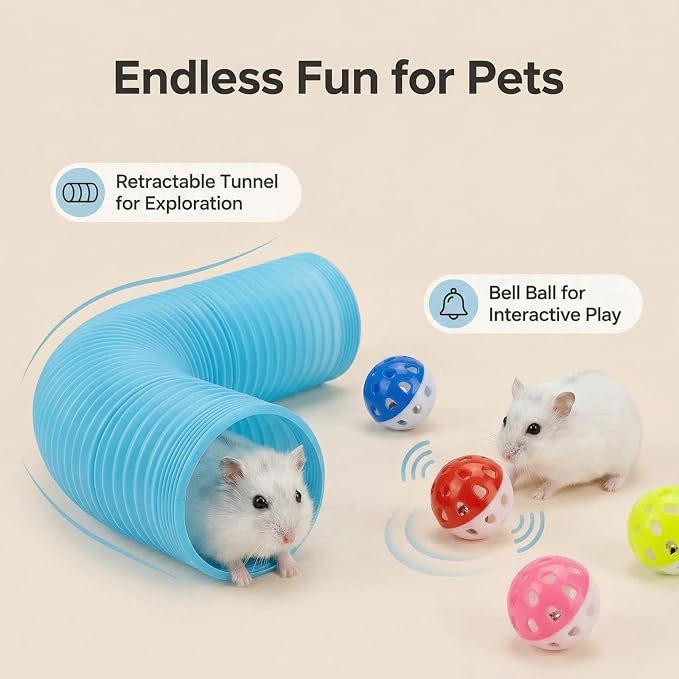 Hamster Collapsible Tunnel Tube Toys with 4 Bell Balls, Expandable Small Animal Hideout Exercise Toy 7.8inch Unextended 32.7inch Extended for Guinea Pig Gerbil Rat Ferret (Blue)