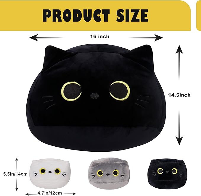 WeBingo Black Cat Plush Toy 4-Piece Set, 16'' Giant Cat Stuffed Animal Plushies Pillow with 3 Babies for Girl Boy Kid Adult, Large Big Soft Gift for Birthday Christmas Valentine's Day Home Decor
