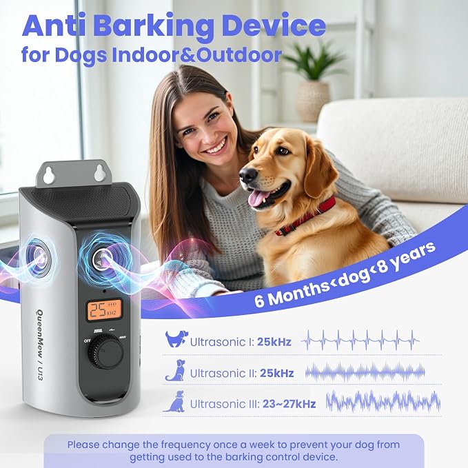 Anti Barking Device, 50FT Solar Charging Dog Barking Deterrent Device, Tri-Directional Ultrasonic Stop Dog Barking Device, Barking Control Device for Indoor Outdoor