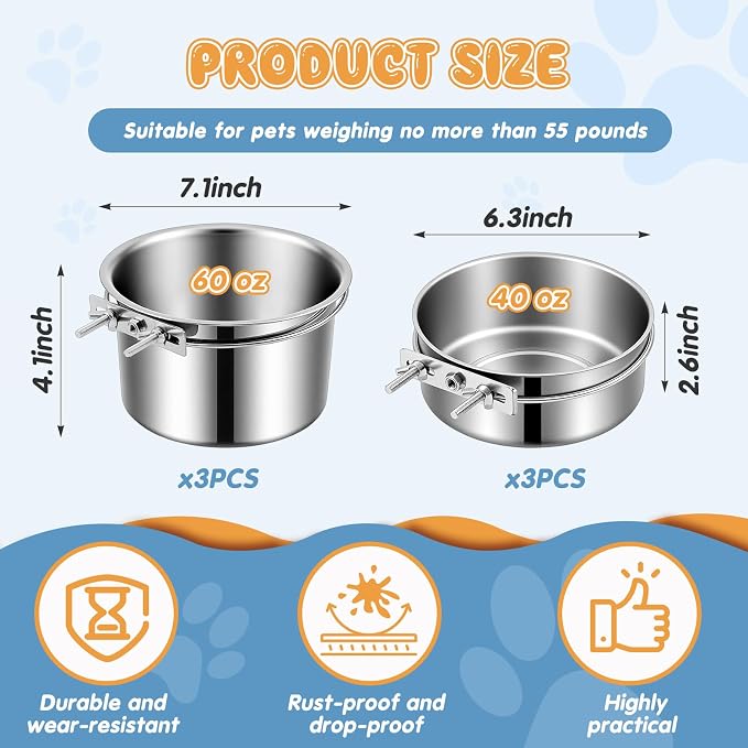LemonRoad 6 Pcs Dog Crate Water Bowl No Spill 40oz & 60oz Stainless Steel Large Hanging Water Food Dog Kennel Bowls Bulk for Crates Attachable Metal Feeder Dish for Medium Large Dogs Breed Pets