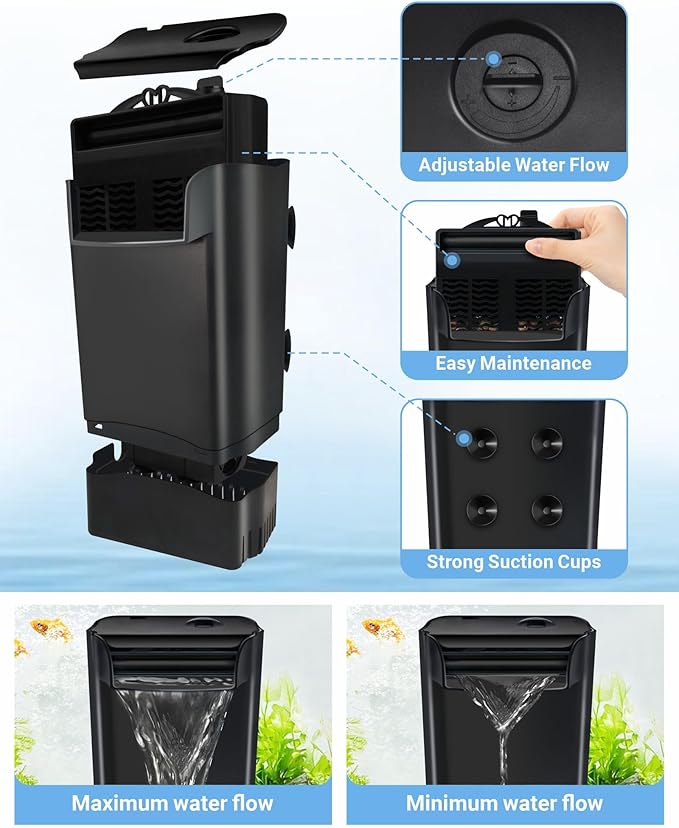 GOZILLA 265GPH Turtle Tank Filter,16W High Flow-Rate Adjustable Turtle Filter Fish Tank Filter, Silent Waterfall Aquarium Filter for Low Water Level Tank from 30 to 55 GAL.(Black)