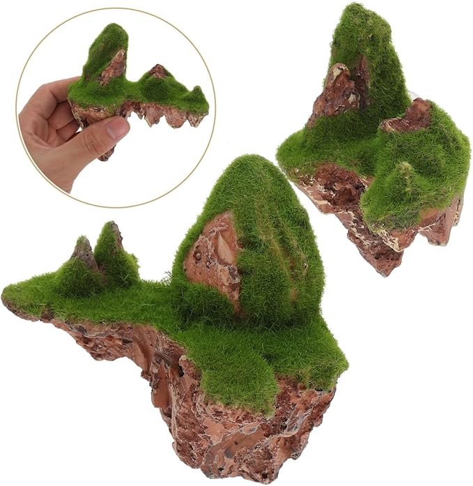 POPETPOP Floating Aquarium Rock Decorations, Set of 2 Suspended Moss Stones for Fish Tank, Avatar Style Floating Island Mountain, Yellow Ethereal Landscape Decor with Suction Cups