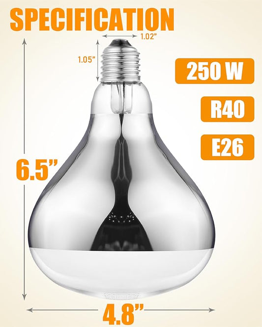 250W Heat Lamp Bulbs, 8000 Hours Rated, R40 Bathroom Shower Incandescent Light Bulb, Infrared Heating for Chickens, Reptiles, Pets, Food, E26 Base, 1 Pack