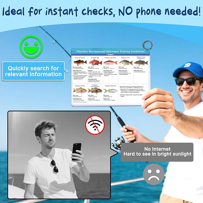 OCQOTAT Florida Saltwater Fish& Shark Identification Set–4 Double-Sided Waterproof Quick-Reference Fishing Guide Cards with FWC Rules,Size Limits&80+ Fish&Sharks in Real Photos| Ring Binding,8.2x6inch
