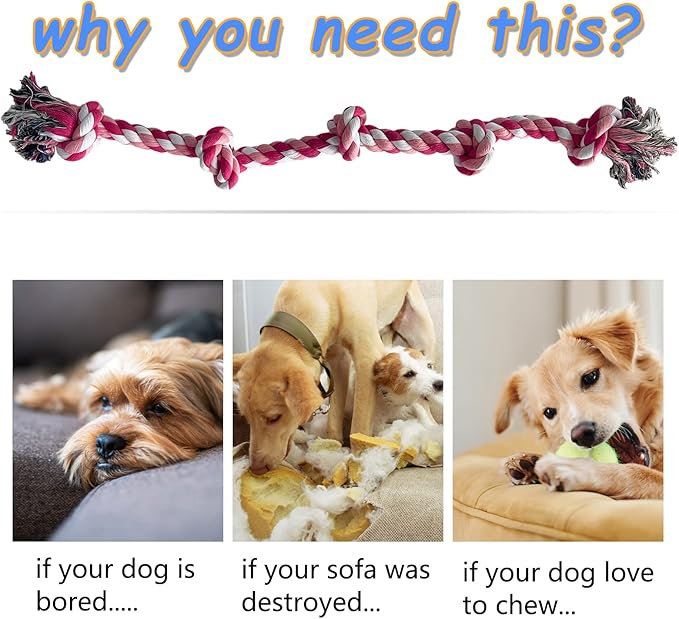 Lmlpt Dog Rope Toy for Large Aggressive Chewers, Heavy Duty Rope Chew Toy Indestructible Tough Tug of War Pink Dog Toys,3 Feet 5 Knots Interactive Cotton Ropes Toys for Large Breeds Teeth Cleaning