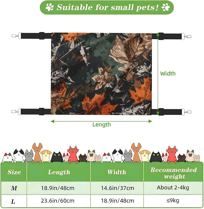 Camo Leaves Cat Hammock for Cage, Camouflage Hanging Cat Bed with Adjustable Straps and Metal Hooks, Soft Pet Cage Swing for Puppy Rabbits Small Animal