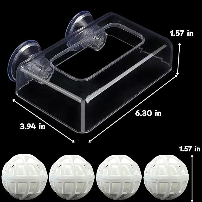 Acrylic Fish Feeding Box Ring for Turtle with Filter Ball Set, Fish Feeder Ring and Nitrifying Ball, Betta Feeding Floating, Turtle Enrichment Toys, Floating Betta Food Holder (Clear, L)