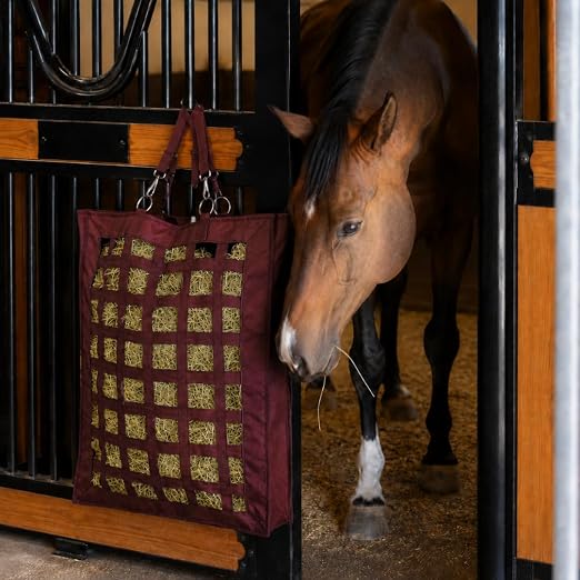 QHP Hay Bag for Horses | Slow Feed Horse Hay Bag | Horse Hay Feeder | 2.4" Mesh | Holds up to 13 lbs | Durable 600D Polyester | Stall, Trailer & Paddock | 2-Year Warranty (Burgundy)