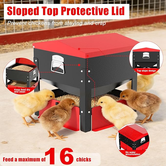 Portable Metal Chicken Feeder, Freestanding Chicken Feeder with Top-Sloped Waterproof Lid, No Waste Gravity Poultry Feeder for Hens and Ducks, 80 lbs Large Capacity