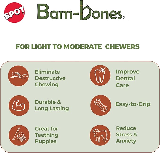 SPOT Bam-Bones Wishbone Dog Chew Toy, Bamboo Fiber Blend, Non-Splintering Durable Chew for Light to Moderate Chewers, Adult Dogs & Teething Puppies 25–50 lbs, Chicken Flavor, 7 in