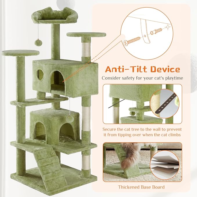 DUMOS 54 Inch Cat Tree Tower, Indoor Multi-Level Pet House for Large Cats Tree with 2 Condos, Scratching Posts, Round Platform, Small Ladder, and Toys, Green