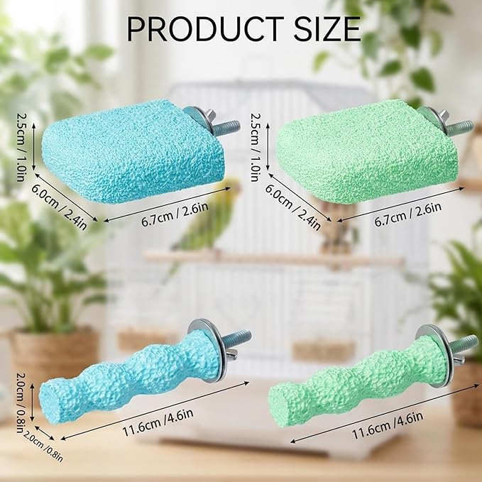 4-Piece Bird Perch Set for Parakeet Cages, Bird Beak Grinding Stone, Natural Volcanic Rock Bir-d Cage Accessories, Durable Bi-rd Perch Toys for Small Birds